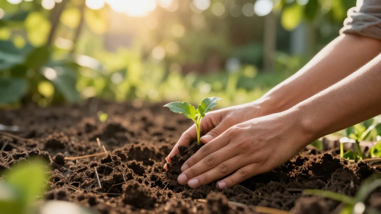 Unas manos plantan con cuidado un pequeño brote verde en tierra fértil bajo la luz cálida del sol en un jardín.