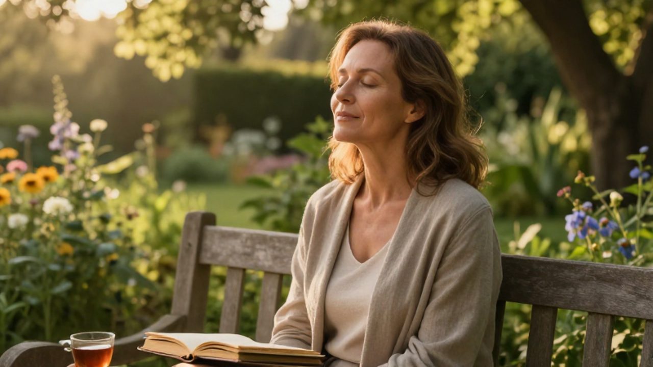 Mujer de mediana edad con expresión serena y ojos cerrados intentando encontrar paz en un jardín luminoso junto a un diario y una taza de té.