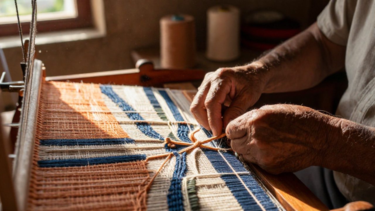 Manos de un artesano anciano tejiendo hilos de lino en un telar de madera dentro de un taller rústico e iluminado por el sol.