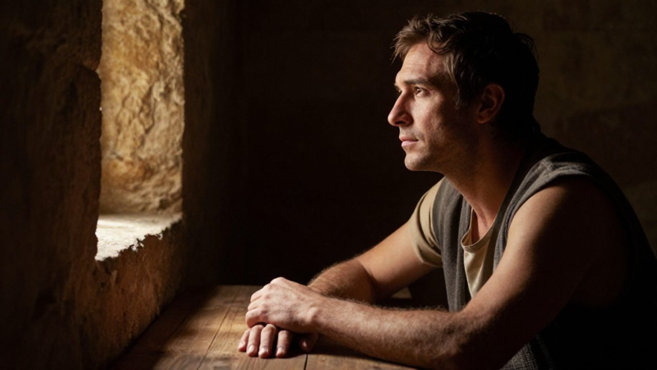 Hombre de mediana edad con expresión serena y resiliente sentado en una habitación de piedra antigua, iluminado por un rayo de luz que entra por una pequeña ventana.