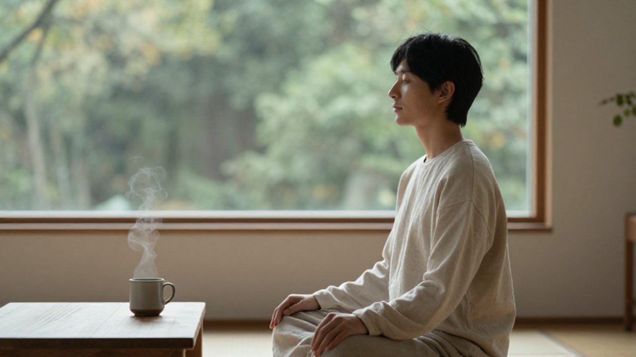 Persona sentada en meditación con los ojos cerrados en una habitación luminosa frente a un bosque tranquilo.