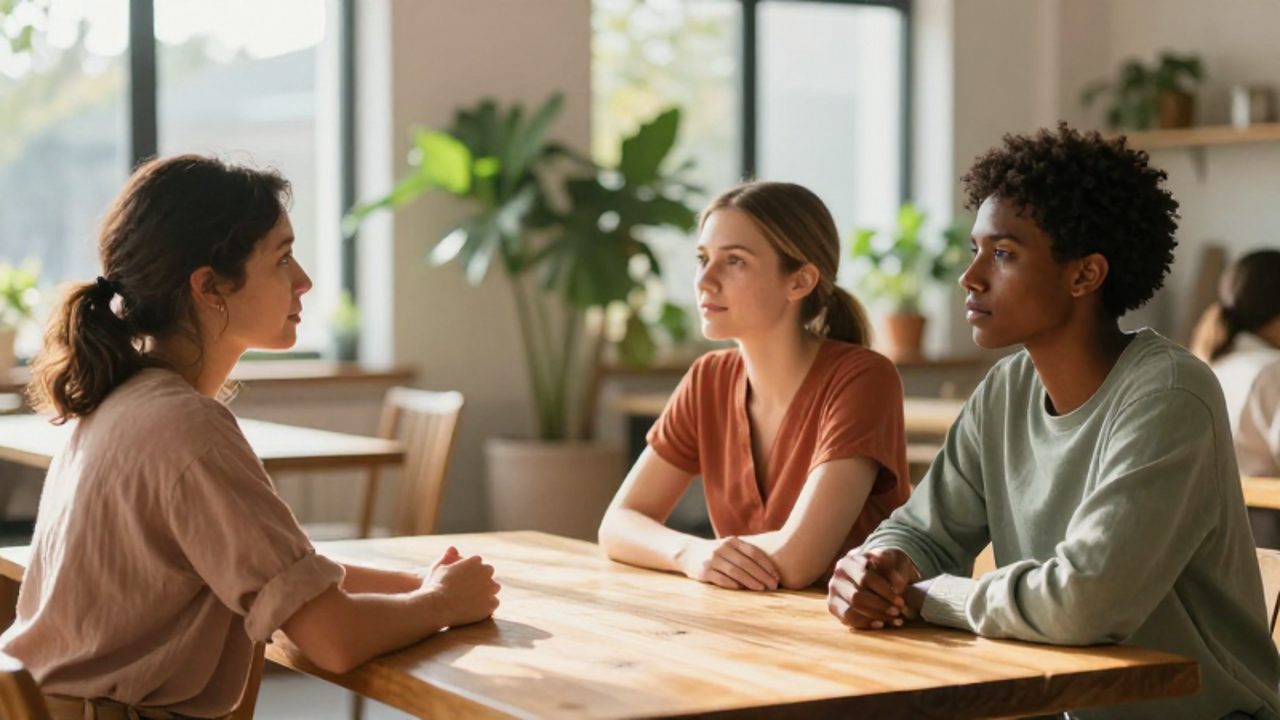 Tres personas de diversas etnias conversan con calma y empatía alrededor de una mesa de madera en un espacio comunitario luminoso y lleno de plantas.