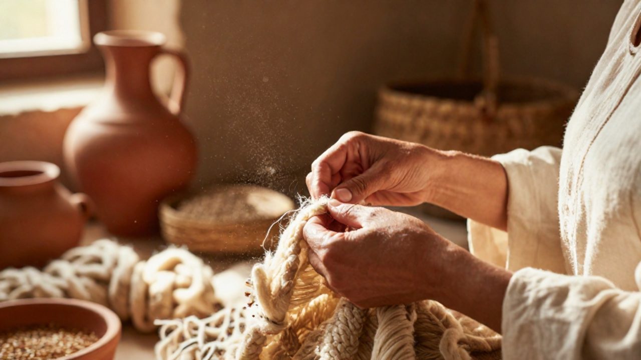 Manos de una mujer trabajando con fibras naturales en un entorno rústico de tonos tierra bajo una luz cálida.