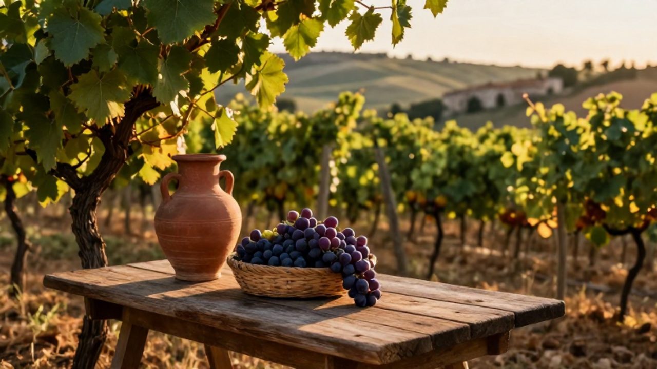 Racimo de uvas moradas junto a una vasija de terracota sobre una mesa de madera en un viñedo mediterráneo al atardecer.