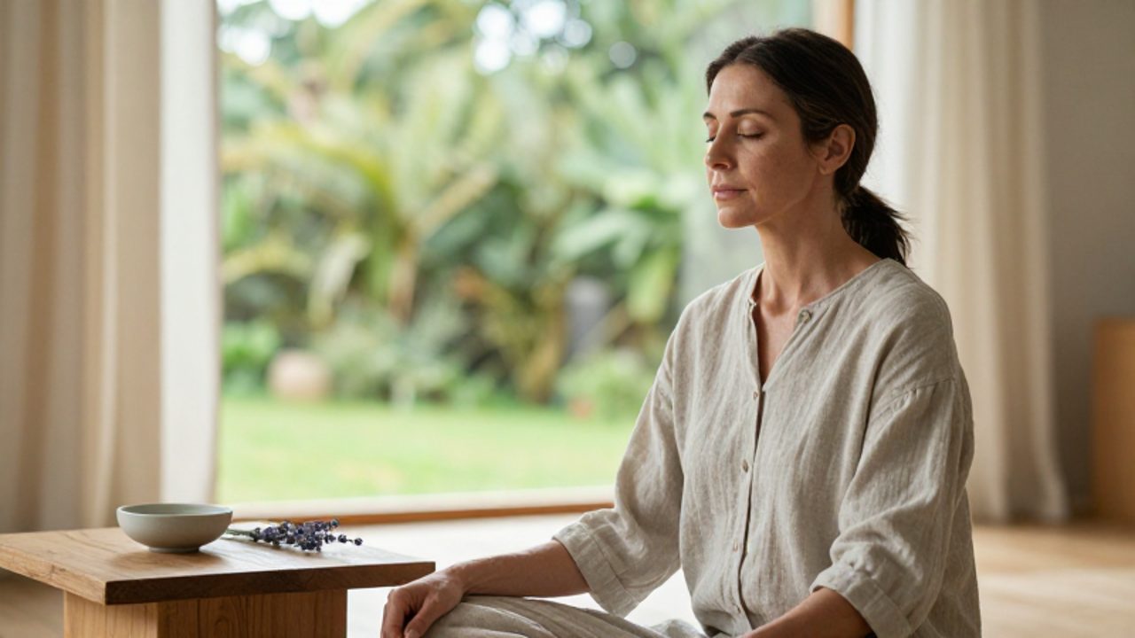Mujer de mediana edad meditando con expresión serena en una habitación luminosa frente a un jardín.