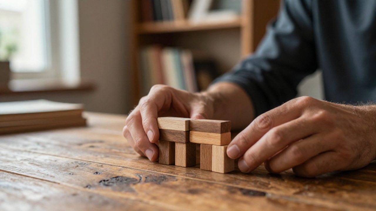 Manos organizando con cuidado bloques de madera sobre una mesa rústica para crear una estructura estable en un entorno tranquilo.