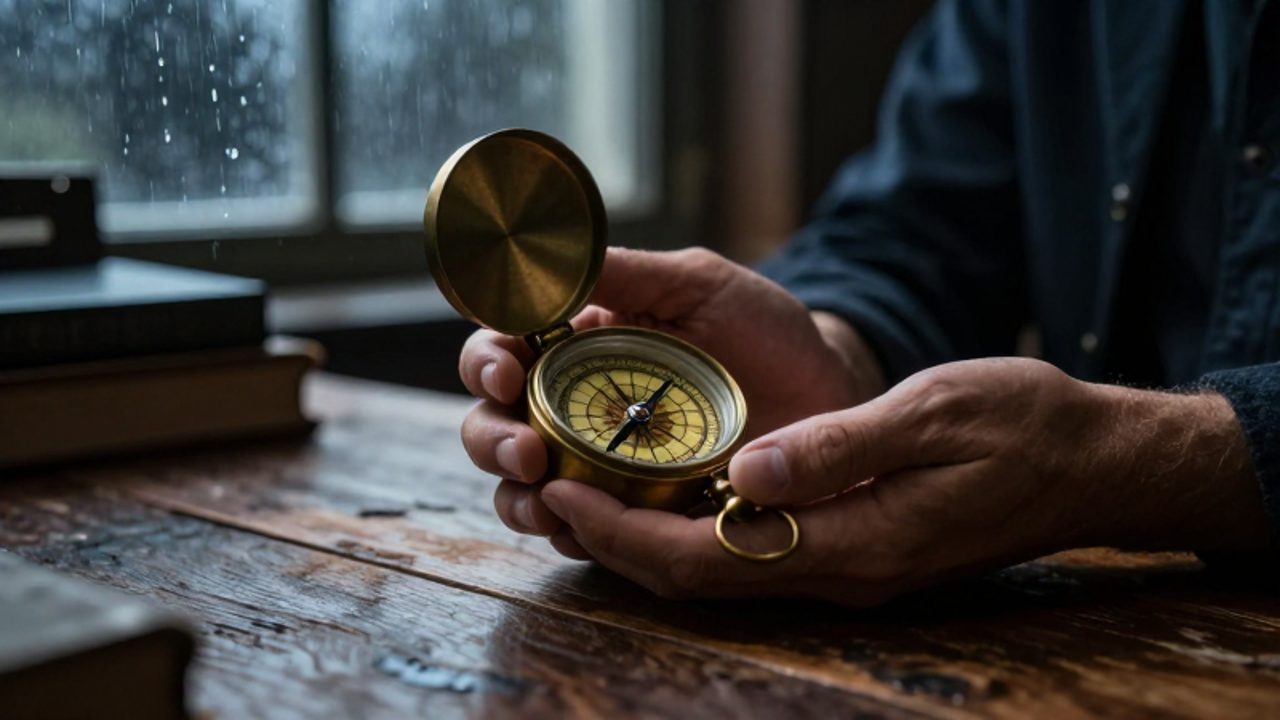 Unas manos sostienen con firmeza una brújula de latón sobre una mesa de madera mientras, al fondo, se observa un ventanal con lluvia que sugiere un entorno tormentoso.