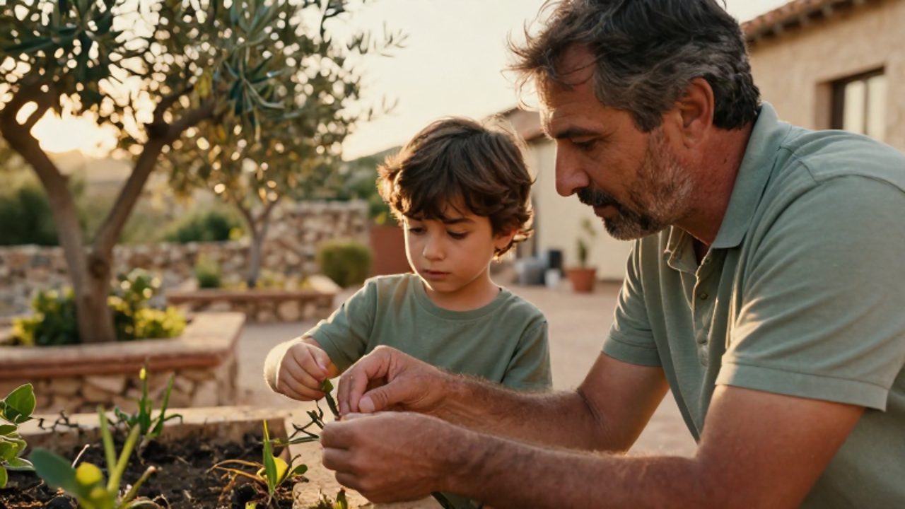 Un padre enseña con paciencia una tarea manual a su hijo pequeño en un patio mediterráneo bañado por la luz del atardecer.