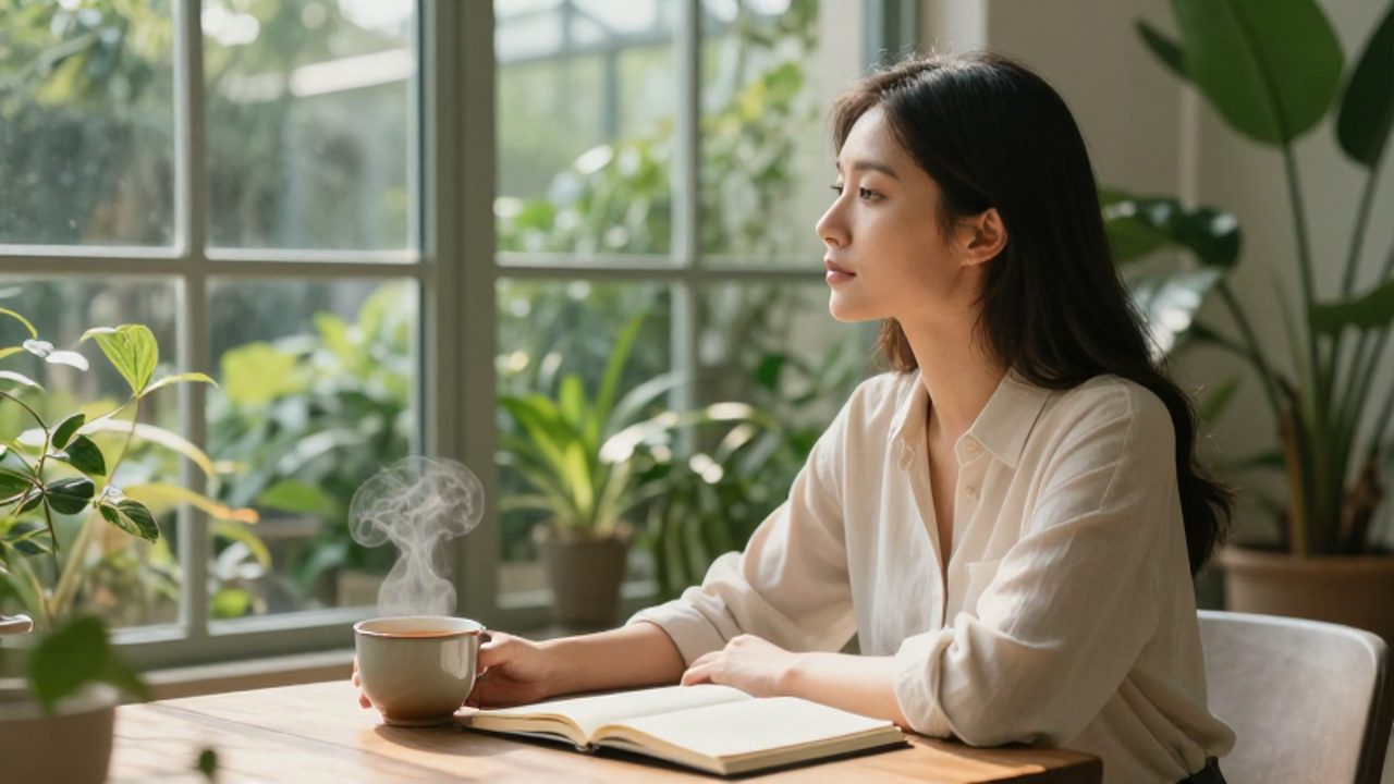 Mujer con expresión tranquila sentada frente a un diario y una taza de té en un jardín luminoso para reflexionar.