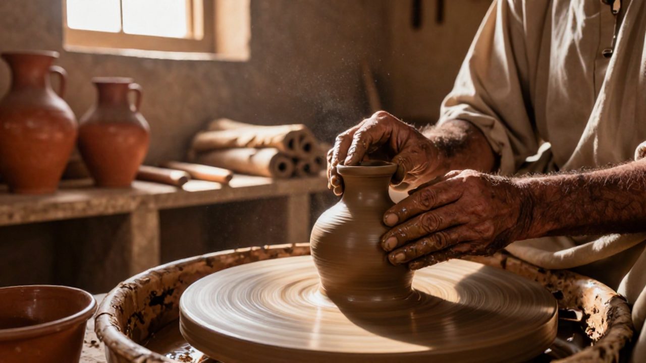 Manos de un artesano moldeando cuidadosamente una vasija de barro sobre un torno de madera en un taller antiguo.