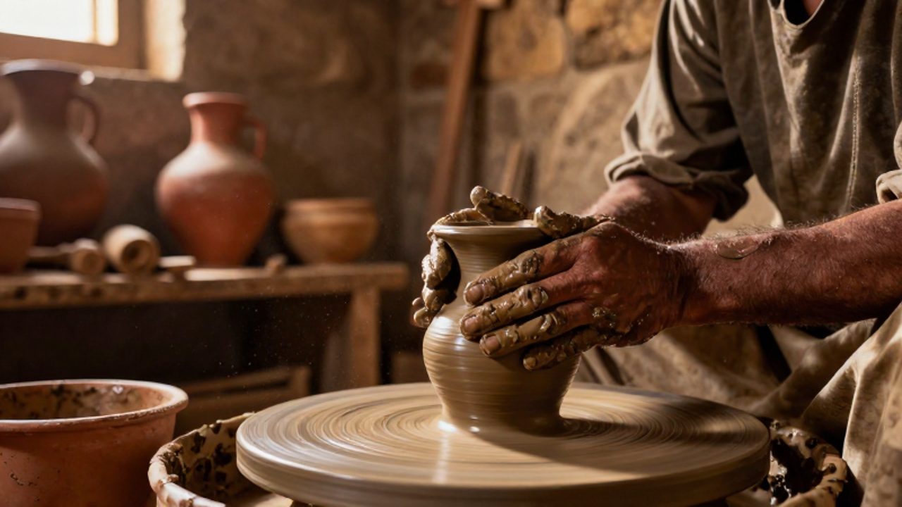 Manos curtidas de un artesano moldeando una vasija de barro sobre un torno en un taller antiguo de luz tenue.