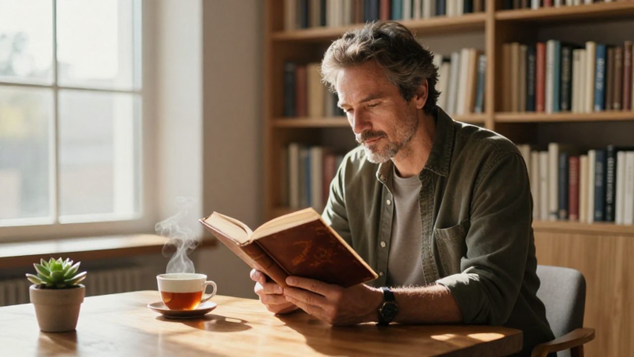 Hombre de mediana edad con expresión tranquila lee un libro antiguo en un rincón iluminado de una biblioteca minimalista.