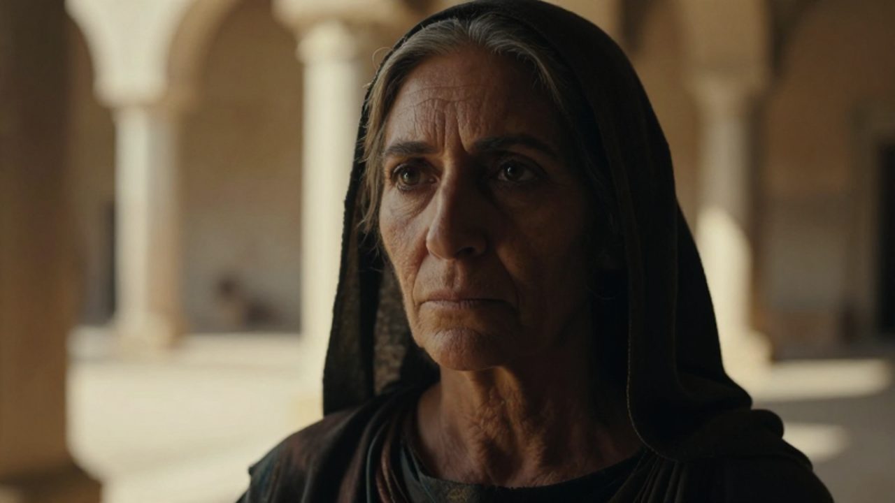 Retrato de una mujer antigua con expresión de serenidad y fortaleza, situada en un patio histórico iluminado por luz tenue.