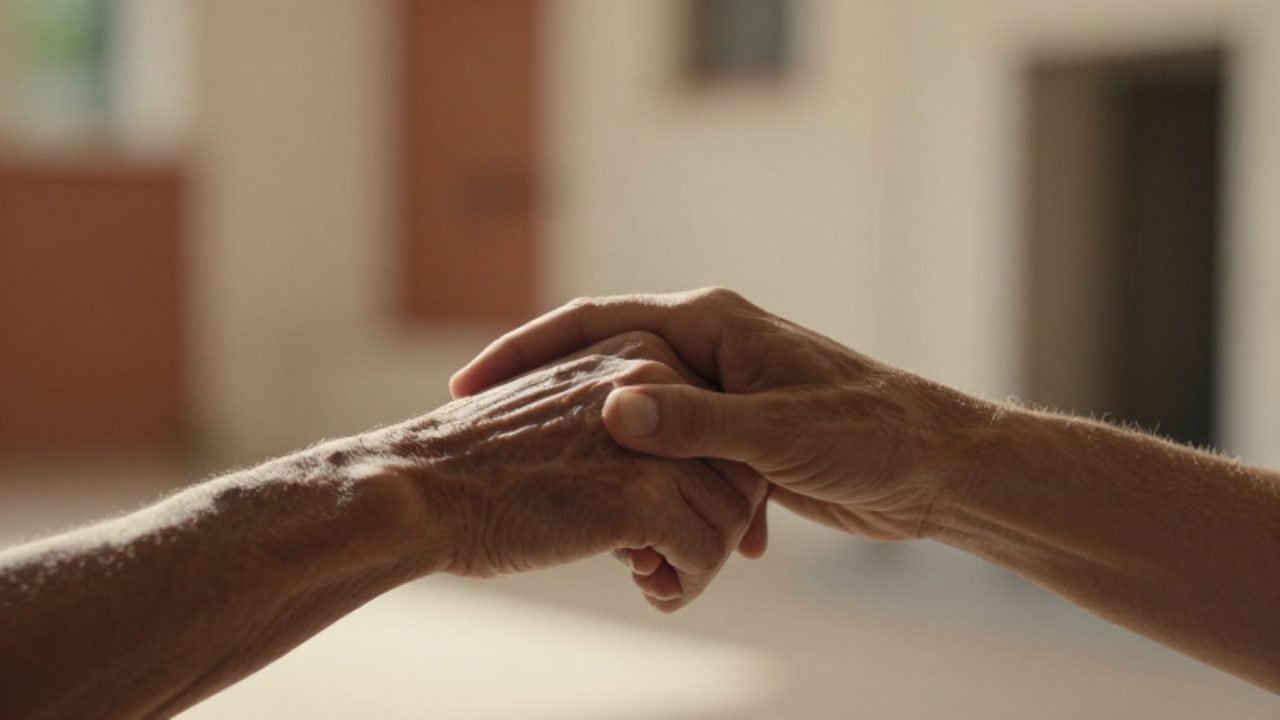 Dos manos, una envejecida y otra más joven, se entrelazan suavemente bajo una luz cálida en un gesto de reconciliación y conexión.