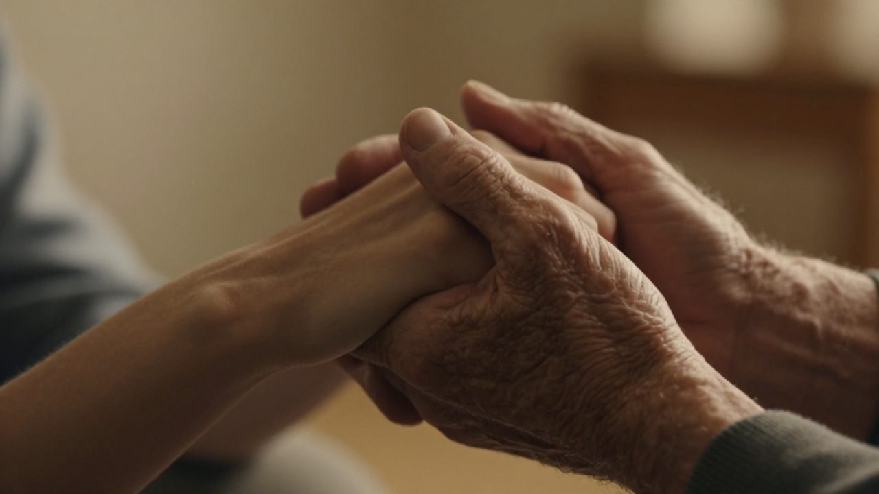 Una mano envejecida sostiene con apoyo y cuidado la mano más joven de otra persona en un gesto de consuelo y conexión humana.