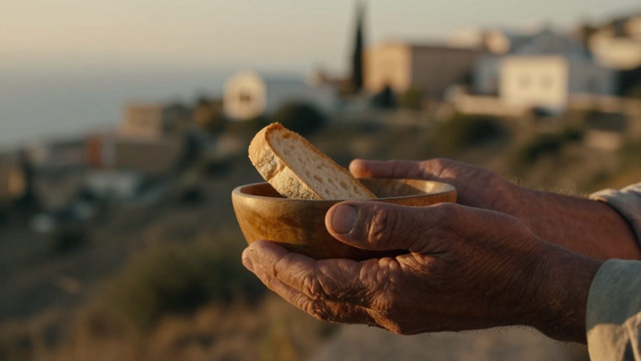 Unas manos curtidas sostienen con delicadeza un trozo de pan y un cuenco de madera en un entorno rural iluminado por el atardecer.