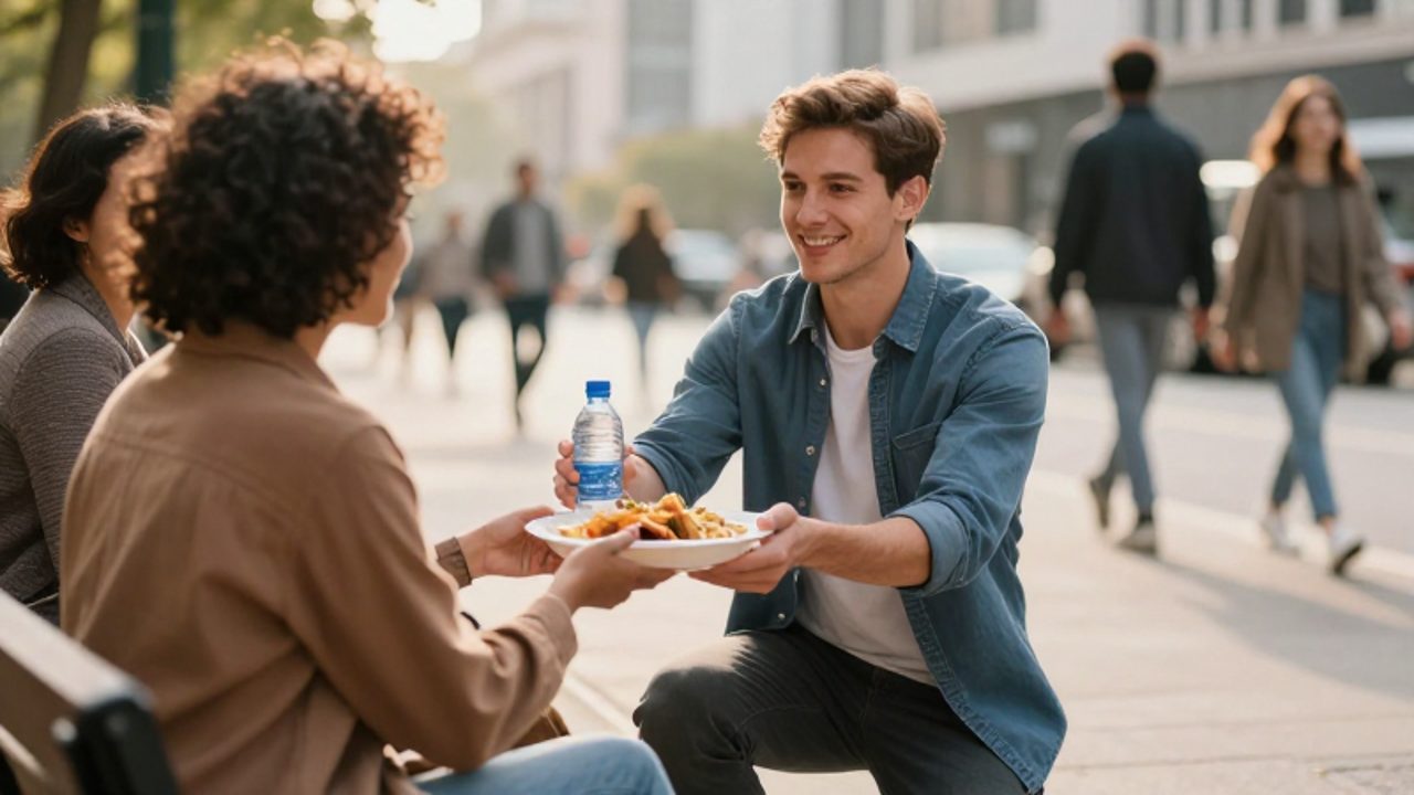 Un joven ofrece una comida y agua a una persona sentada en un banco de un parque urbano, mostrando un acto de compasión en medio de la ciudad.
