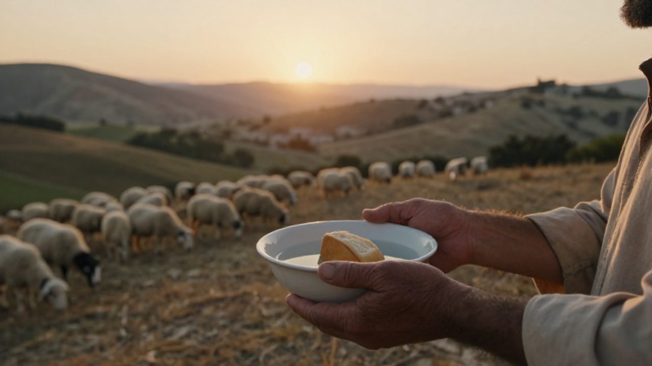 Unas manos ofrecen agua y pan a otra persona en un paisaje mediterráneo con un rebaño de ovejas al atardecer.