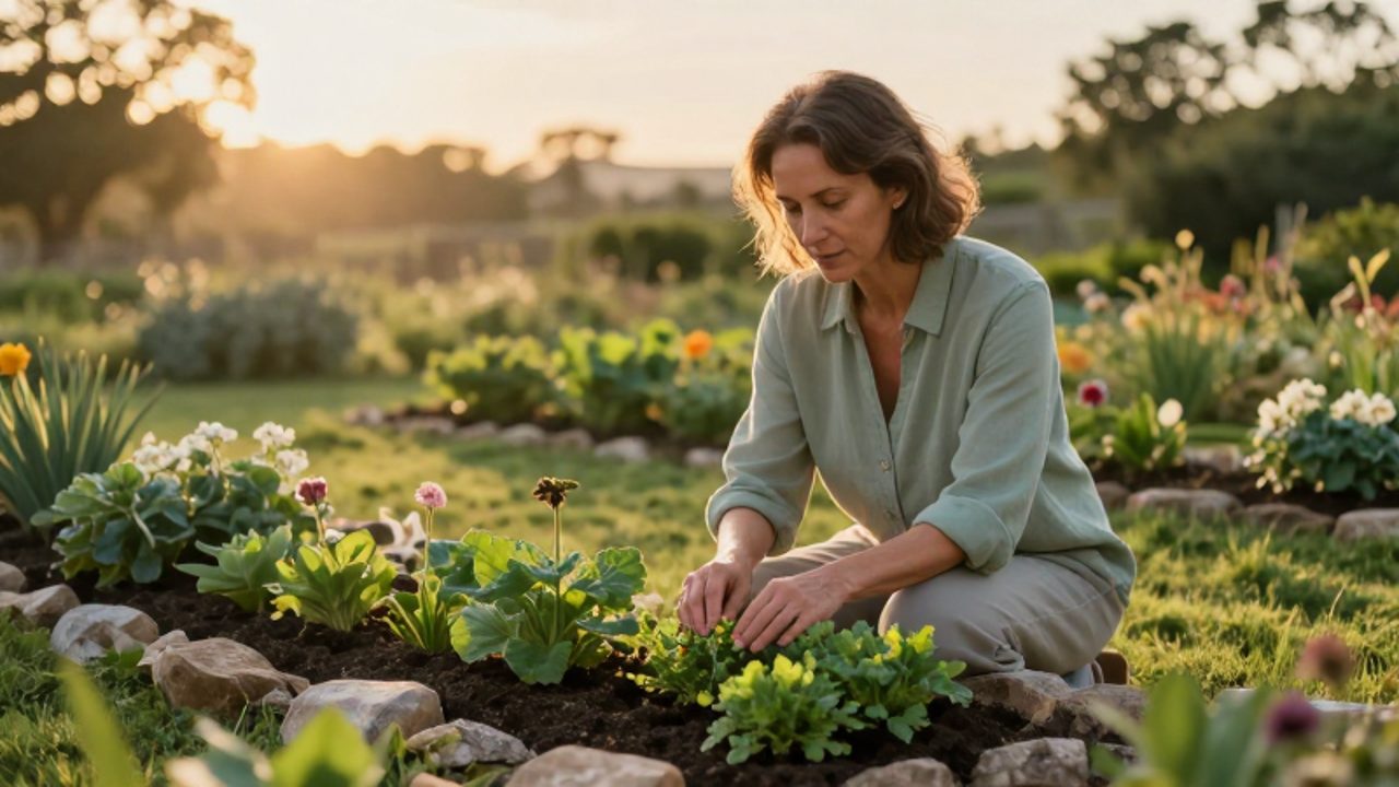 Mujer de mediana edad cuidando con calma un pequeño jardín delimitado por piedras en un entorno natural y soleado.