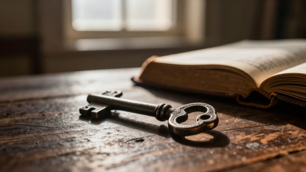 Llave antigua de hierro con grabados intrincados sobre una mesa de madera junto a un libro de cuero abierto.