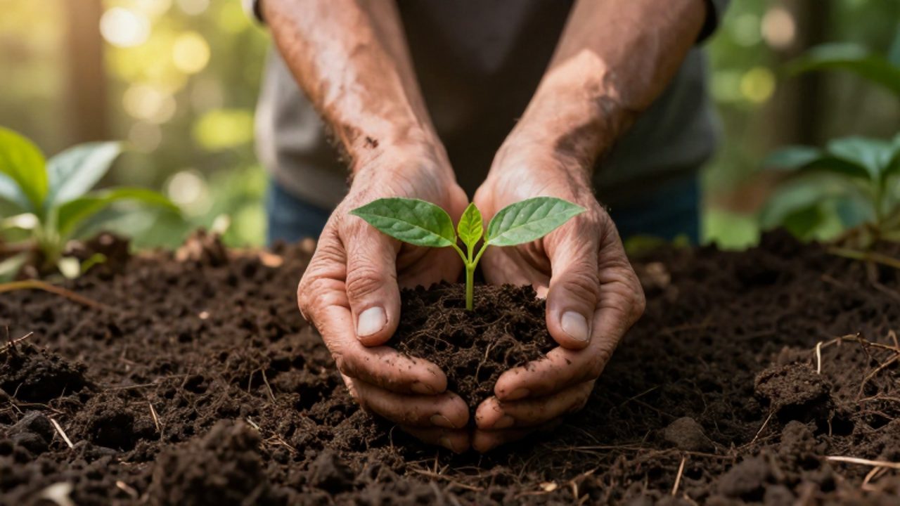 Unas manos curtidas sostienen con cuidado un pequeño brote verde que crece en tierra fértil bajo una luz suave de bosque.