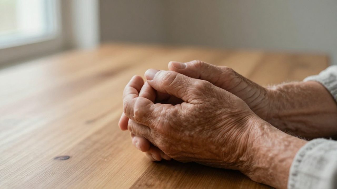 Manos de una persona mayor sosteniendo con ternura las manos de una persona joven sobre una mesa de madera en un gesto de consuelo.