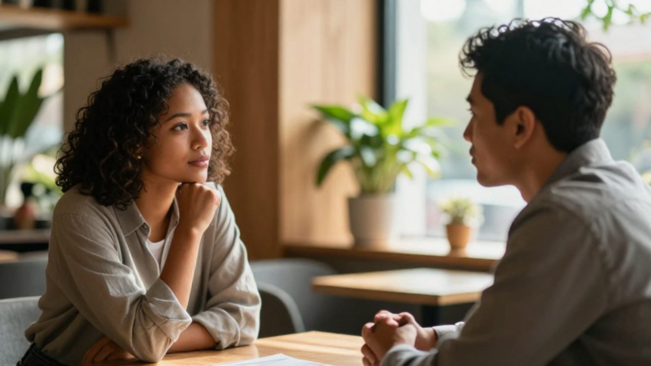 Dos personas conversan con atención y empatía sentadas frente a frente en un café luminoso y tranquilo.