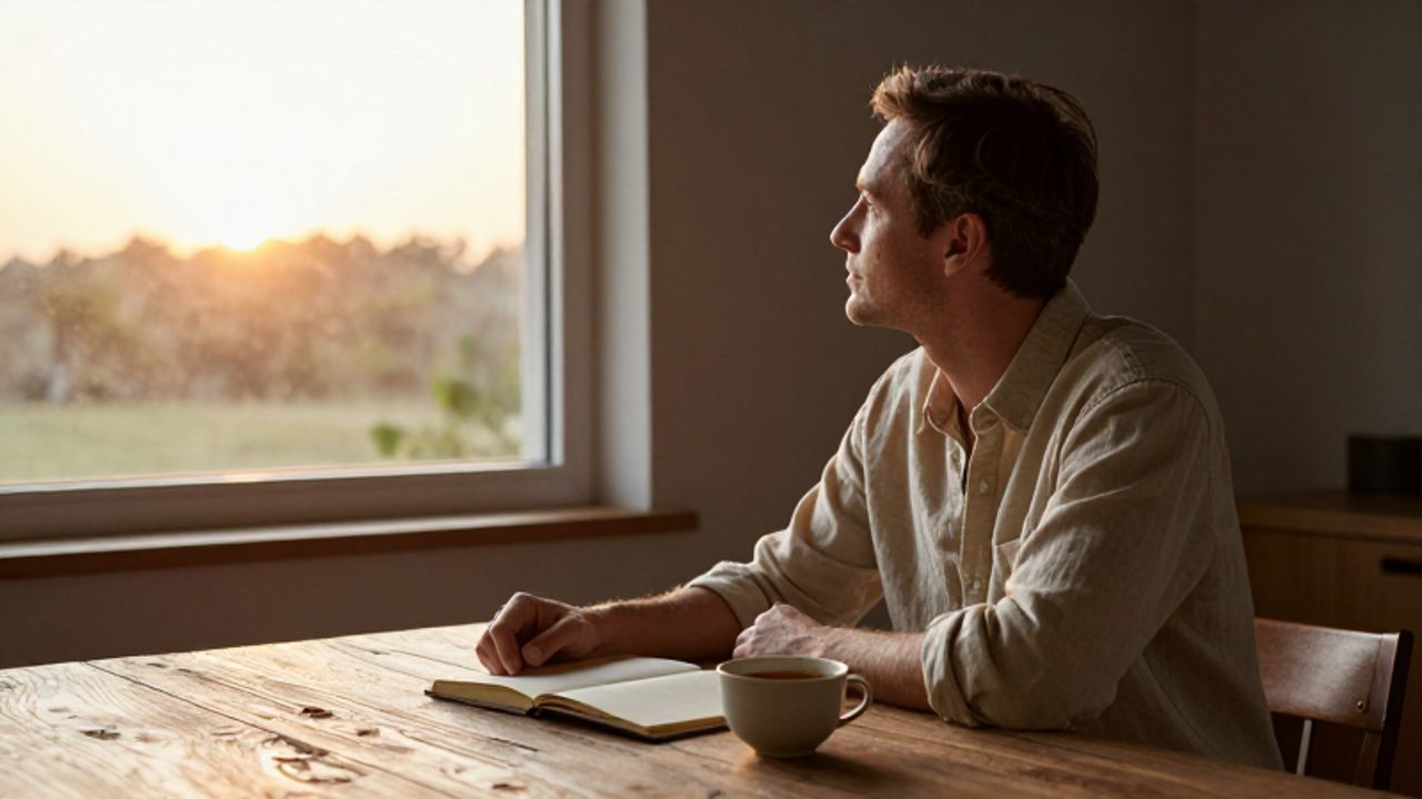 Un hombre de mediana edad reflexiona sentado frente a una ventana mientras observa el amanecer junto a un cuaderno y una taza de té.