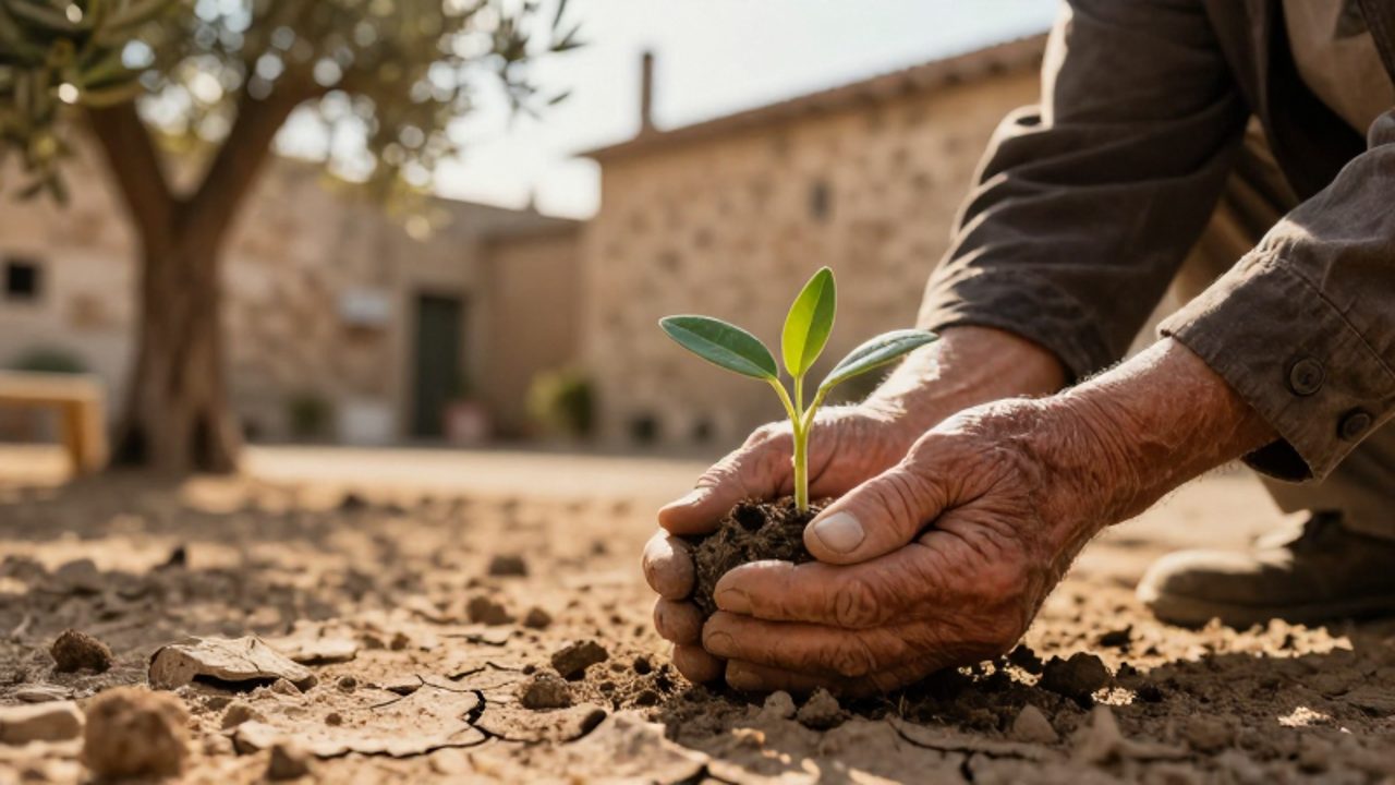 Unas manos envejecidas sostienen con cuidado un pequeño brote verde que crece entre la tierra seca y agrietada.