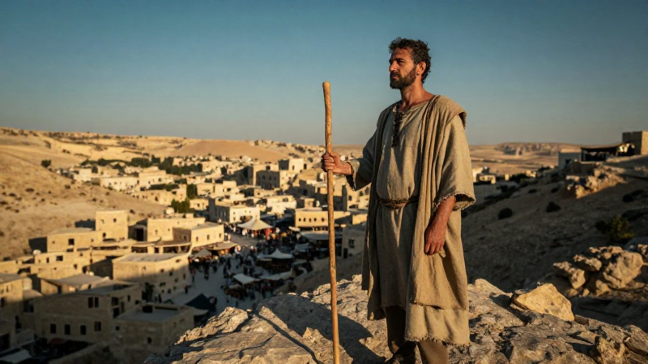 El profeta Amós, vestido con ropas sencillas y sosteniendo un bastón, contempla desde una colina rocosa la riqueza de una ciudad próspera en el horizonte.