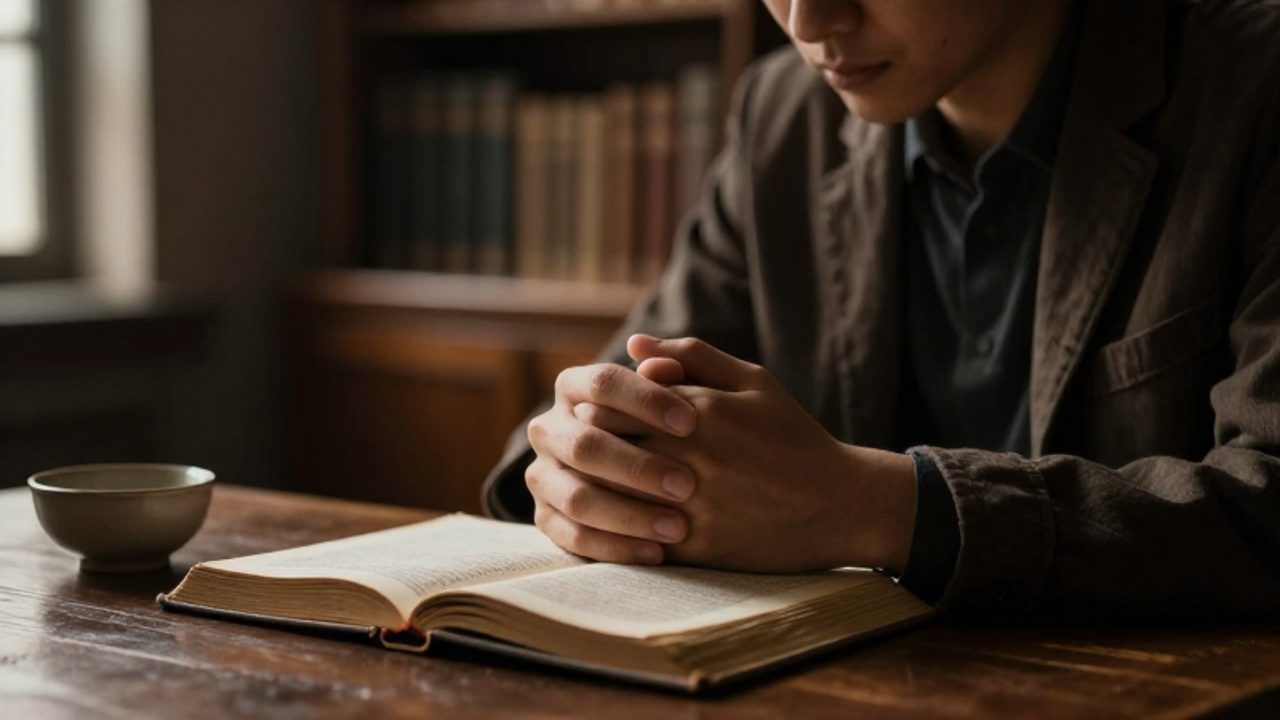 Persona sentada en un escritorio de madera con la cabeza baja y las manos entrelazadas en un gesto de reflexión y humildad frente a un libro abierto.