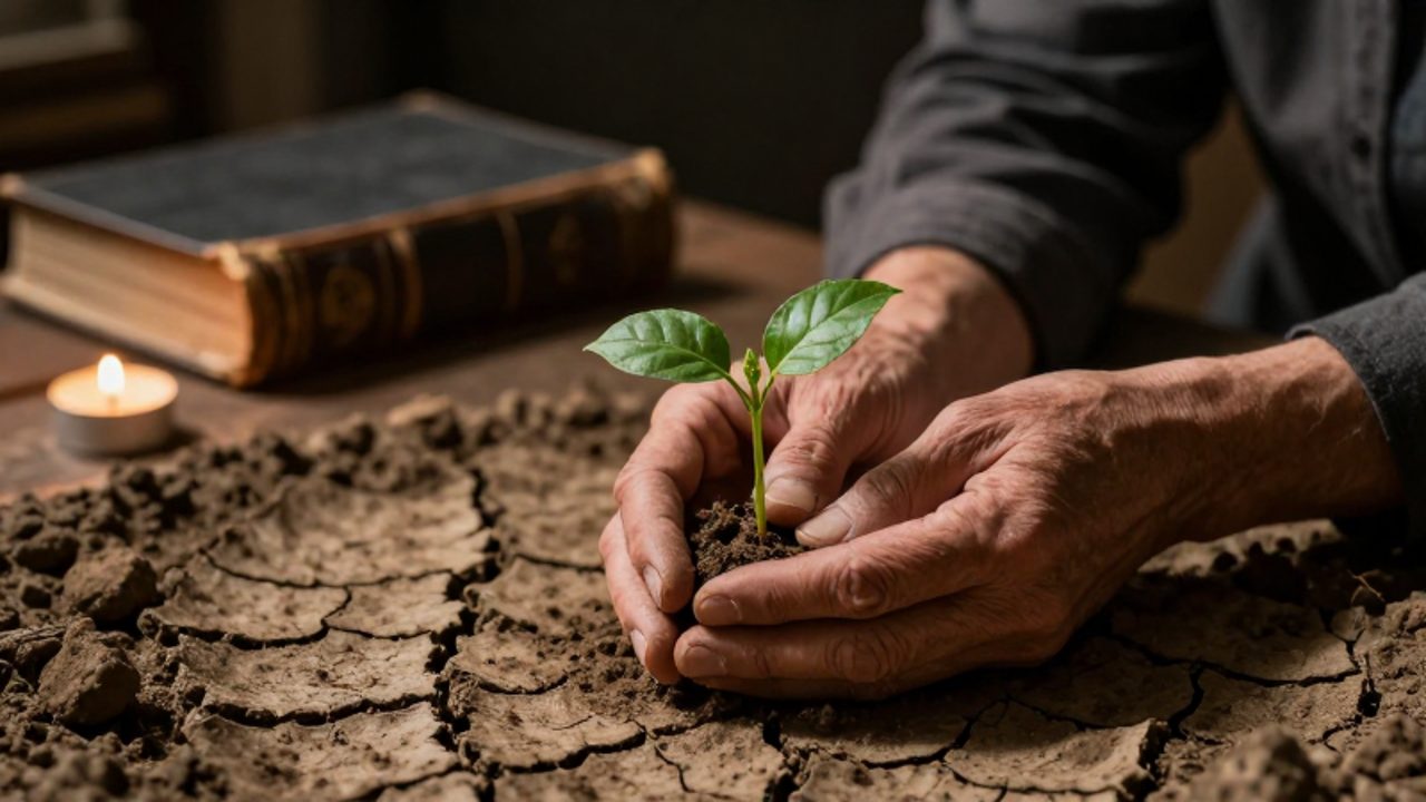 Unas manos curtidas sostienen un pequeño brote verde que crece sobre tierra seca y agrietada en un ambiente de reflexión.