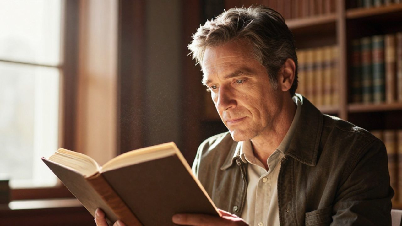 Hombre de mediana edad sentado en una biblioteca iluminada por el sol, leyendo con expresión de calma y reflexión un libro antiguo.