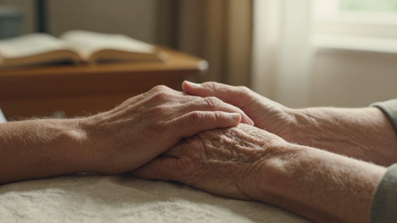 Una mano joven sostiene con ternura la mano arrugada de una persona anciana sobre una mesa junto a un libro antiguo en un ambiente cálido y sereno.