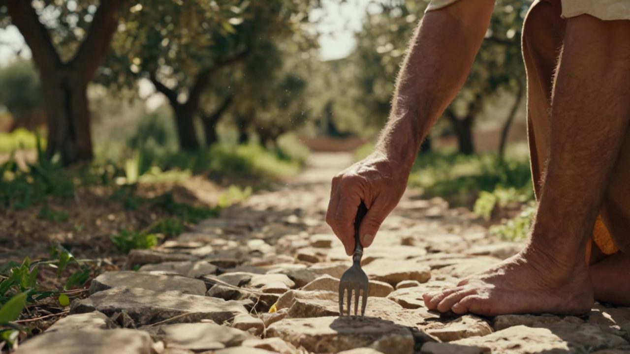 Unas manos se detienen ante una bifurcación en un sendero de piedra dentro de un jardín mediterráneo, sugiriendo un momento de duda y decisión.