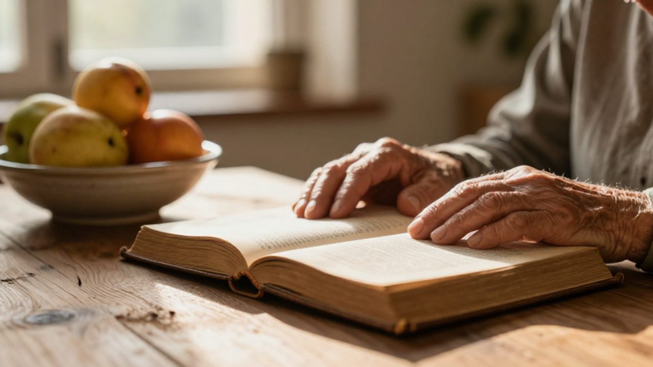 Manos de una persona mayor descansando sobre un libro antiguo de páginas amarillentas junto a un cuenco de fruta fresca en un ambiente luminoso y tranquilo.