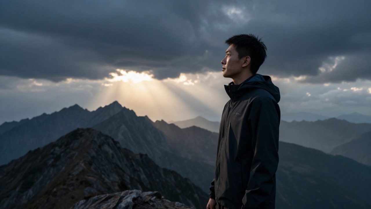 Persona de pie con serenidad sobre una montaña durante una tormenta, mirando hacia un horizonte donde comienza a salir el sol entre las nubes.