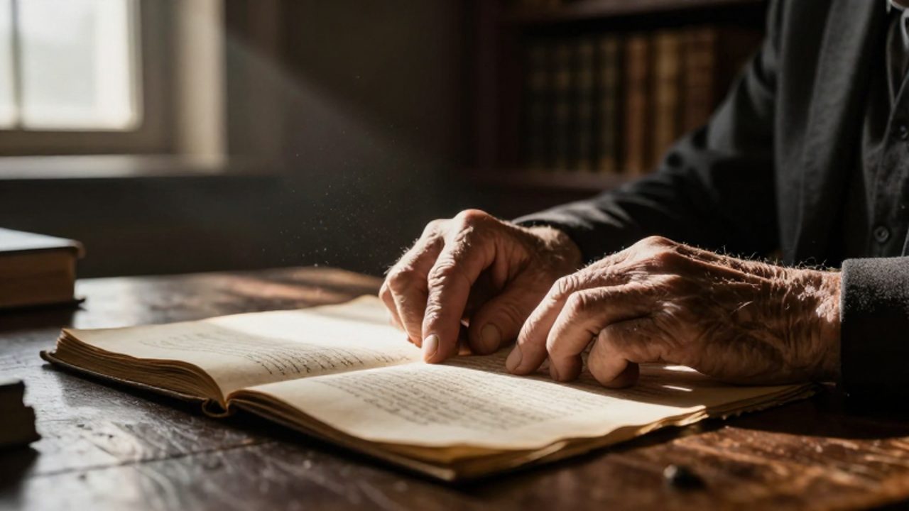 Manos arrugadas de una persona mayor descansan sobre un manuscrito antiguo en una mesa de madera, mientras un dedo sigue el texto en un gesto de reflexión.