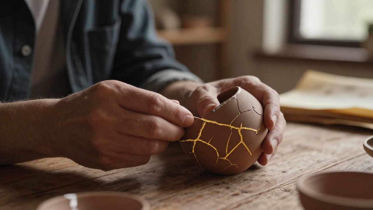 Unas manos reparan una pieza de cerámica agrietada con vetas de oro siguiendo la técnica de kintsugi sobre una mesa de madera.
