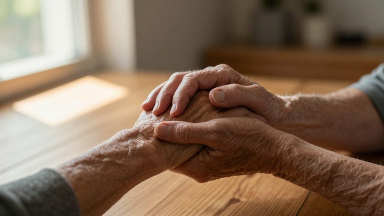 Dos manos envejecidas sujetan con ternura las manos de una persona joven en un gesto de consuelo y reconciliación.