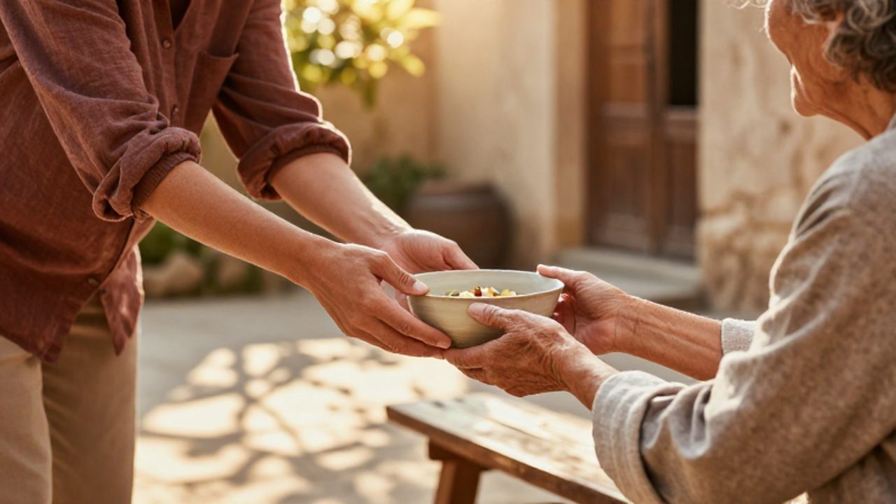 Una persona compasiva ofrece un cuenco con comida a un anciano sentado en un banco de madera bajo la luz del atardecer.