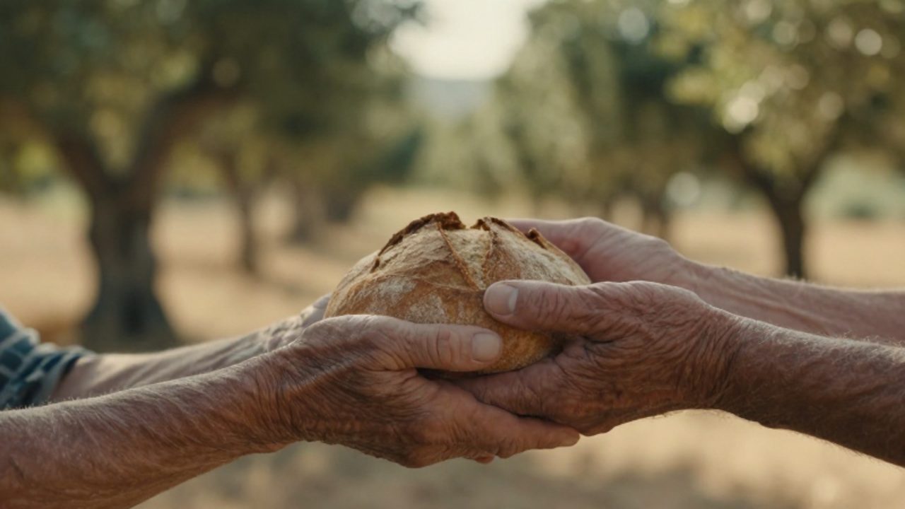 Unas manos ofrecen un trozo de pan rústico a otras manos envejecidas en un entorno cálido con luz natural.