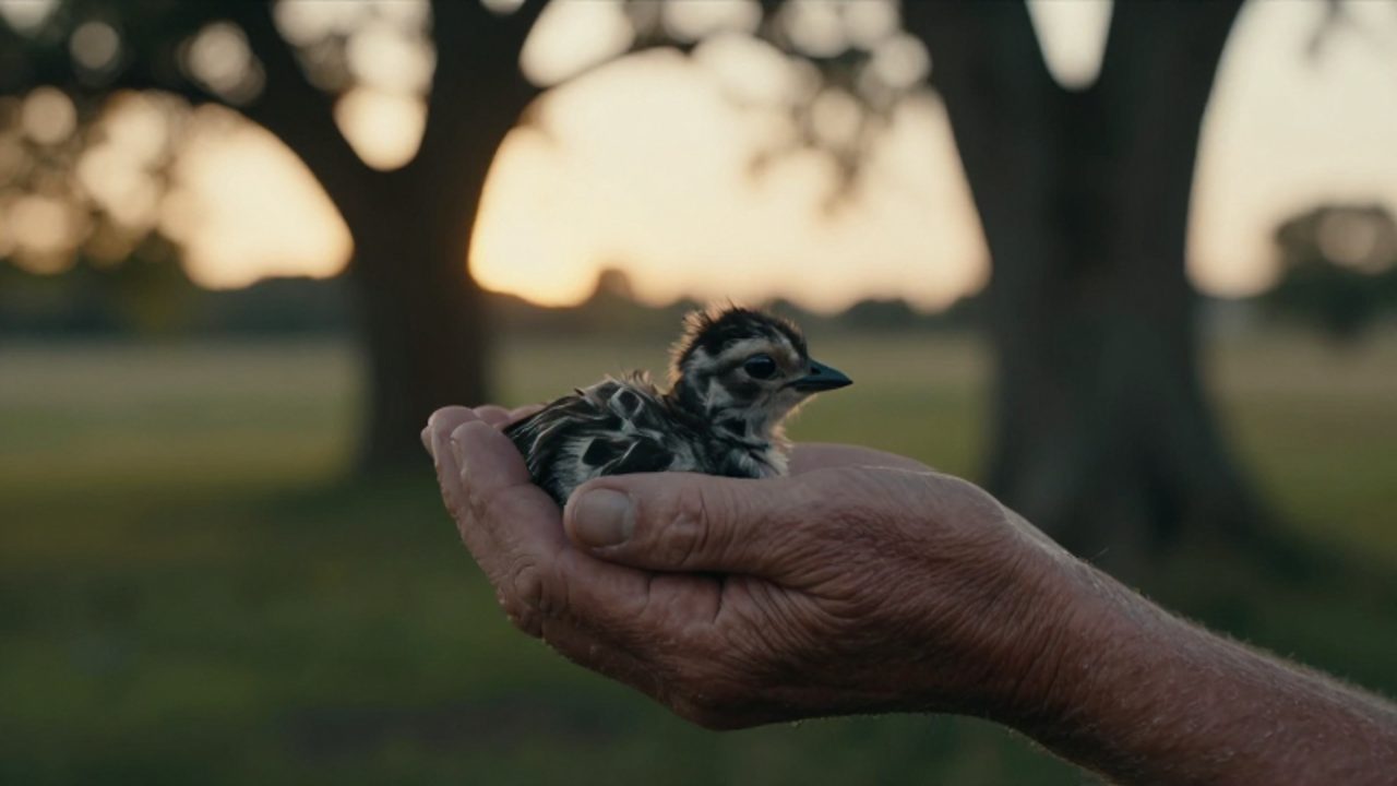 Una mano envejecida sostiene con delicadeza a un pequeño animal en un entorno natural iluminado por la luz del atardecer.
