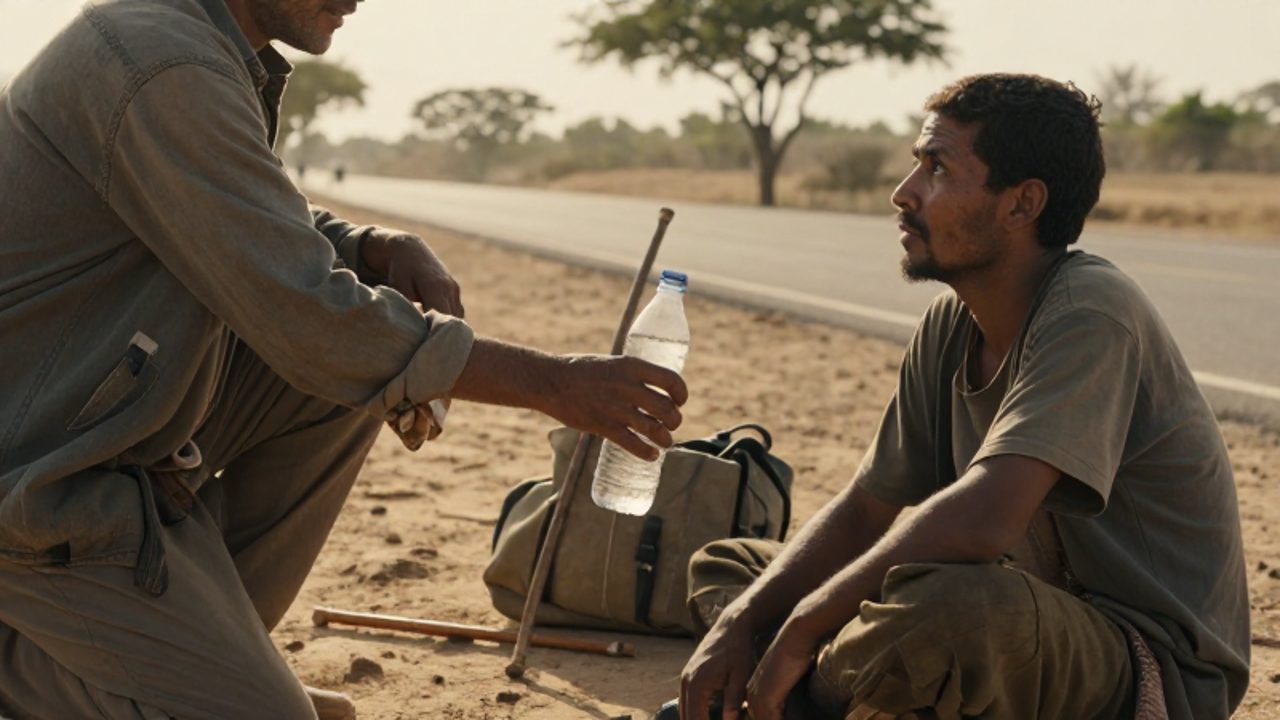 Una persona arrodillada ofrece agua y una tela a un viajero cansado en un camino rural durante el atardecer.