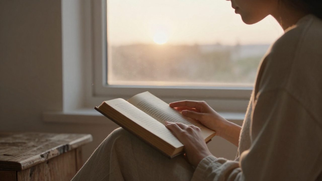 Persona con expresión serena sentada frente a una ventana al amanecer, con las manos apoyadas sobre un libro abierto en un ambiente tranquilo.