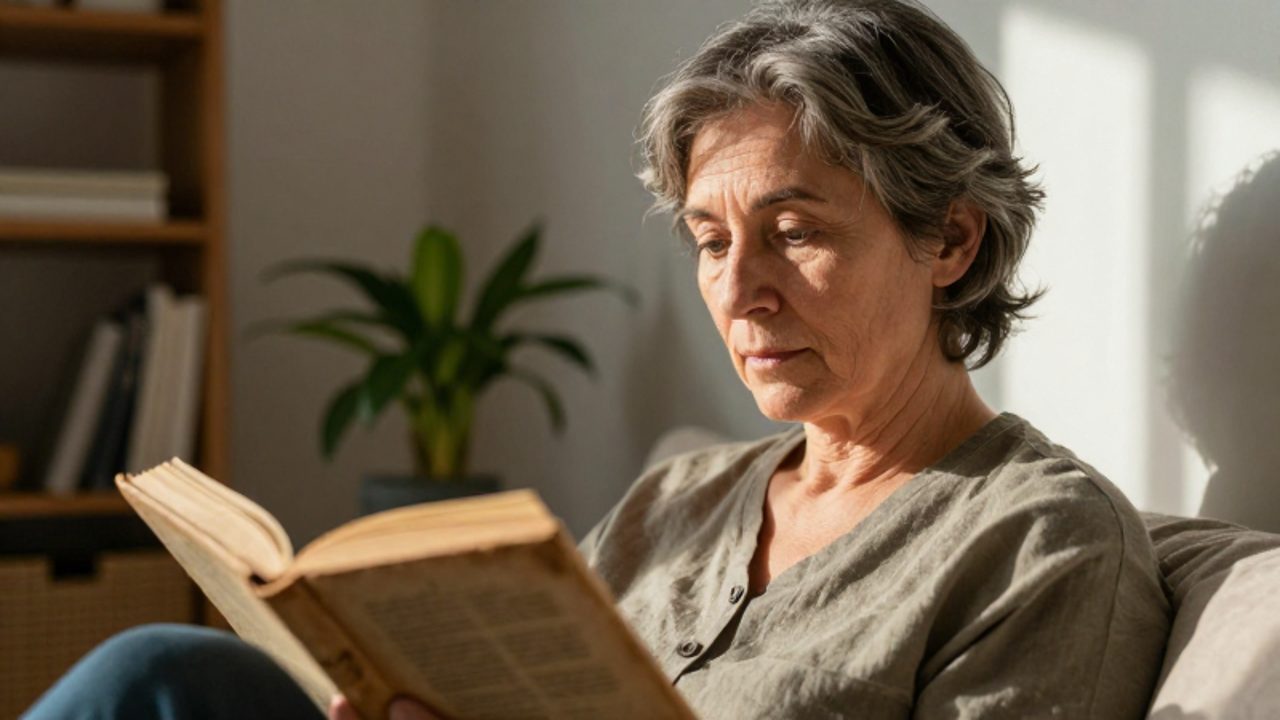 Persona madura con expresión serena leyendo un libro antiguo en un rincón luminoso y acogedor de su hogar.