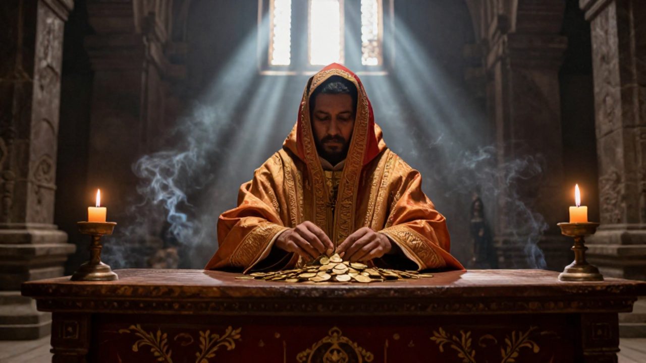 Un sacerdote con vestiduras ornamentadas cuenta monedas de oro en secreto tras un altar de madera, en el interior de un templo antiguo y oscuro.