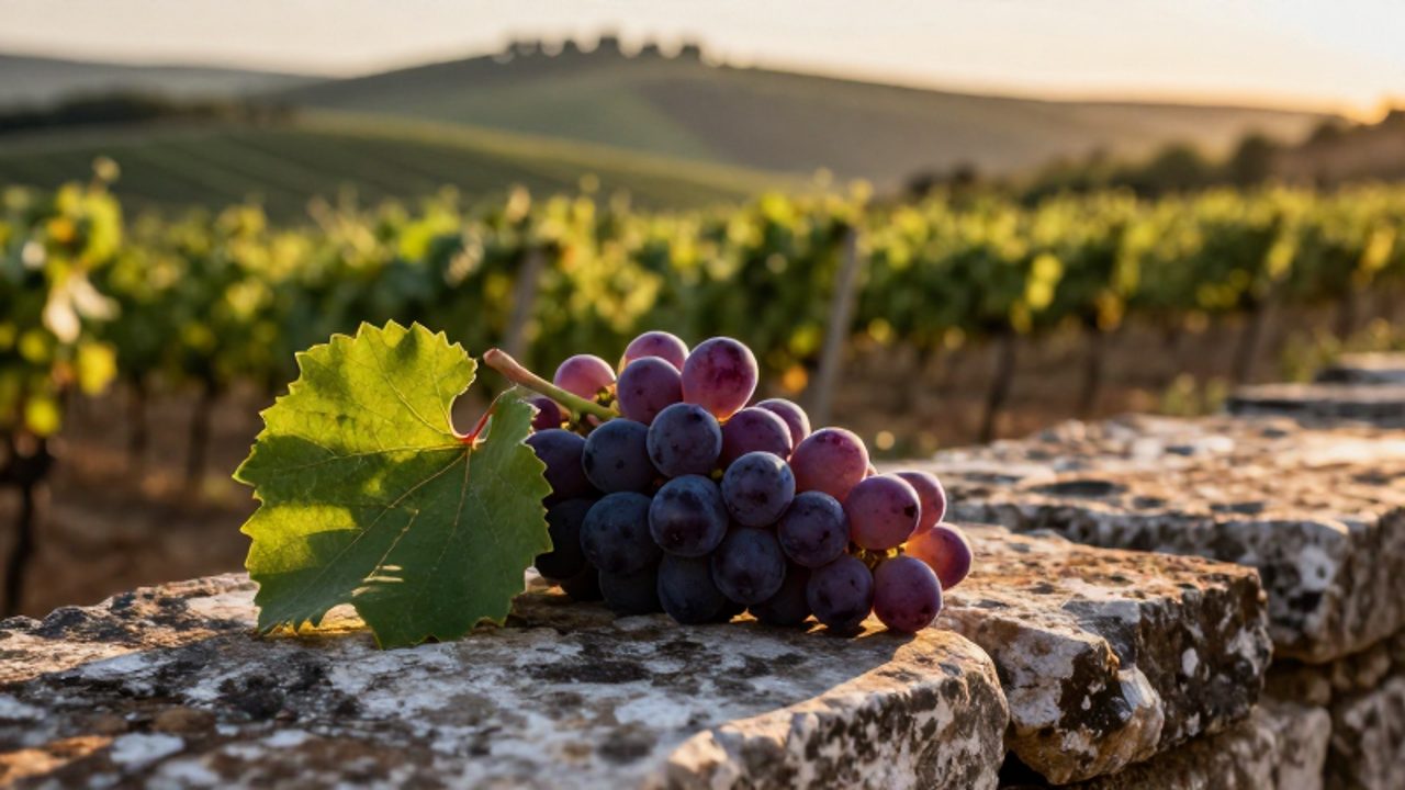 Racimo de uvas moradas sobre un muro de piedra frente a un extenso viñedo bajo la luz del atardecer.