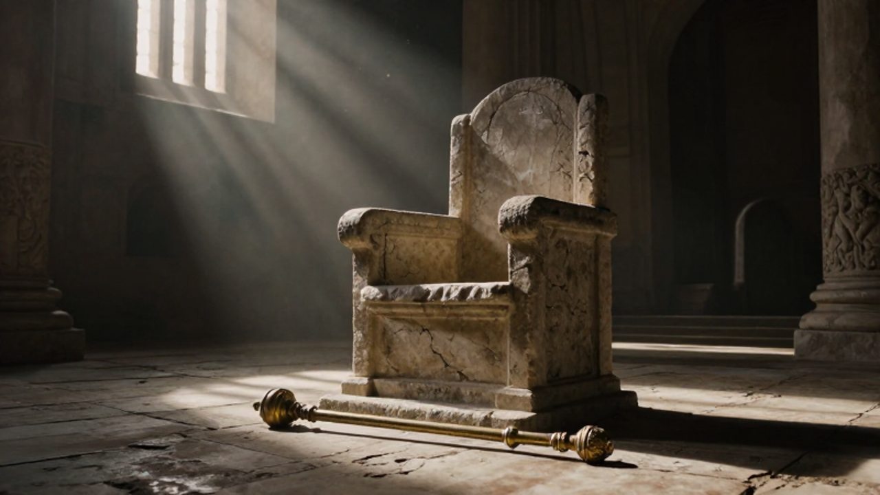Un trono de piedra antiguo y desgastado permanece vacío en un salón de palacio sombrío, con un cetro dorado abandonado en el suelo frente a él.