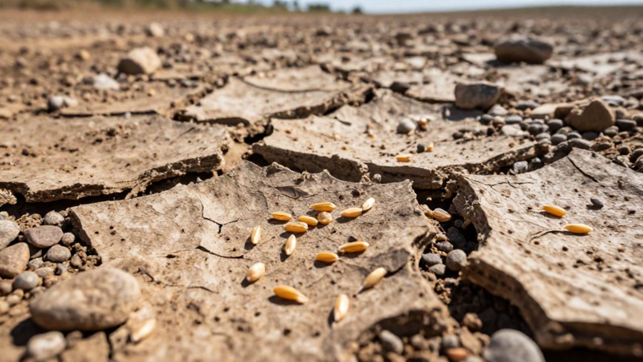 Semillas de grano esparcidas sobre un suelo árido, agrietado y lleno de piedras bajo una luz intensa.